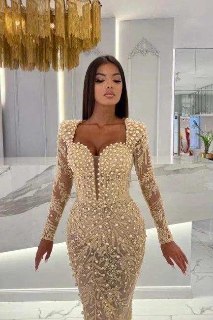 Champagne Mermaid Long Sleeves Sweetheart Prom Dress with Tulle Overskirt - Image 3