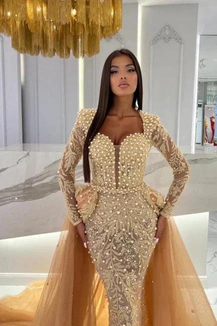 Champagne Mermaid Long Sleeves Sweetheart Prom Dress with Tulle Overskirt - Image 4