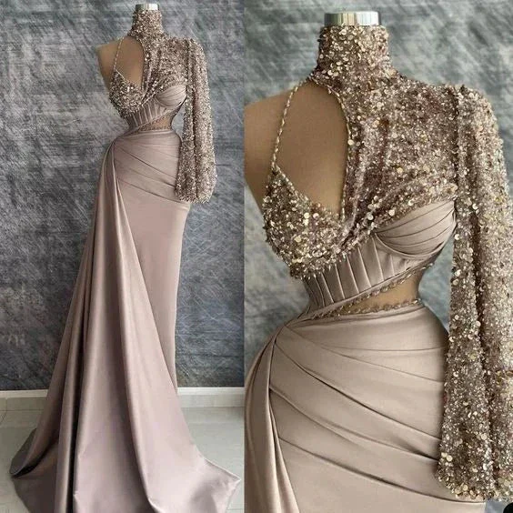 Champagne Prom Dress Beaded Prom Dress Pleats Prom Dress High Neck Evening Dress Y6620 - Image 2