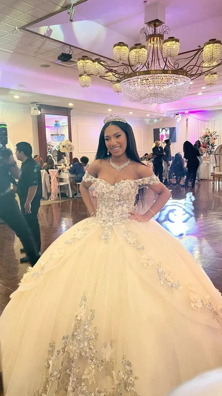 Champagne quince dress with flowers forest sweet 16 dress off the shoulder ball gown Y3026 - Image 2