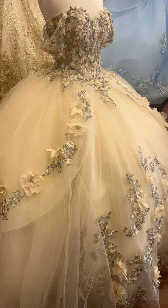 Champagne quince dress with flowers forest sweet 16 dress off the shoulder ball gown Y3026 - Image 3