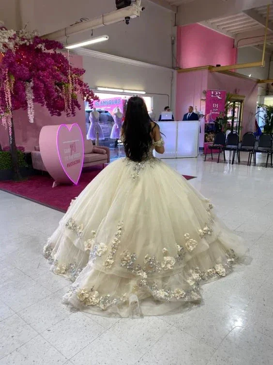Champagne quince dress with flowers forest sweet 16 dress off the shoulder ball gown Y3026 - Image 4