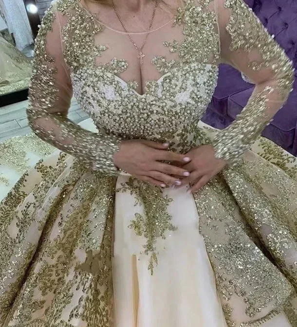 Champagne Ruffle Ball Gowns Quinceanera Dresses Sequin Beading Appliques Long Sleeve Formal Prom Princess Dress Y4952 - Image 2