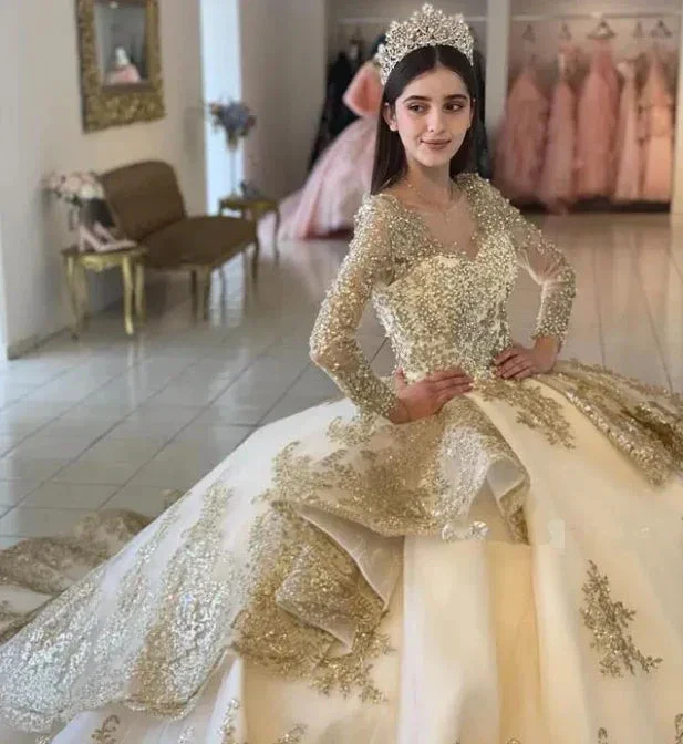 Champagne Ruffle Ball Gowns Quinceanera Dresses Sequin Beading Appliques Long Sleeve Formal Prom Princess Dress Y4952 - Image 4