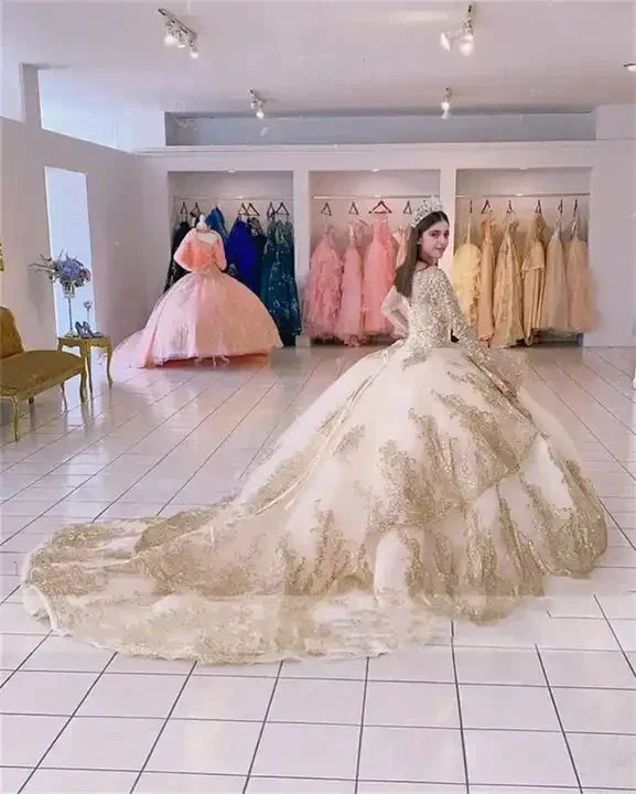 Champagne Ruffle Ball Gowns Quinceanera Dresses Sequin Beading Appliques Long Sleeve Formal Prom Princess Dress Y4952 - Image 5