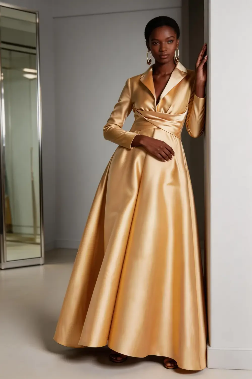 Champagne Satin Lapel Neck Wrap Waist A Line Maxi Formal Evening Gown - Image 2