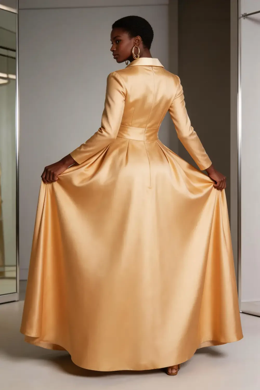 Champagne Satin Lapel Neck Wrap Waist A Line Maxi Formal Evening Gown - Image 3