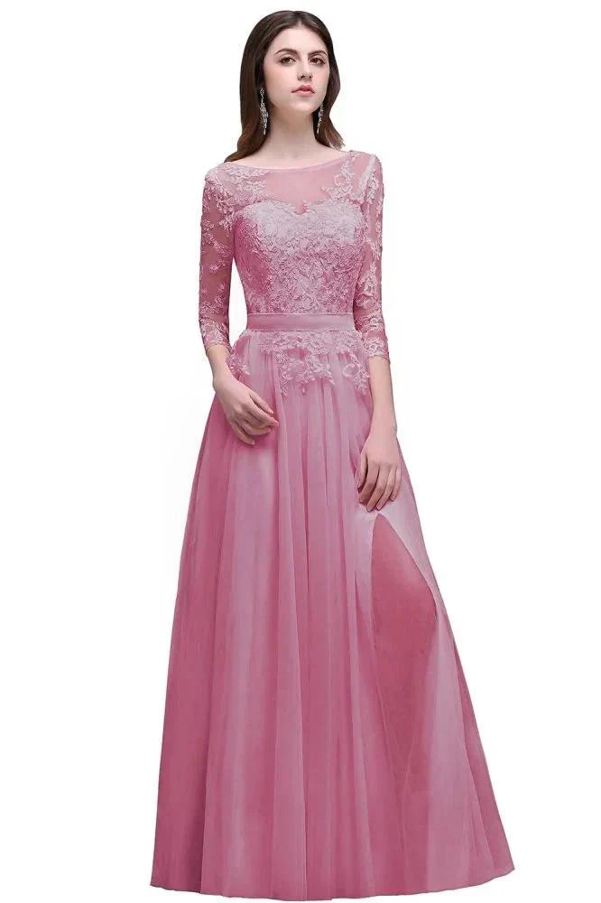 Champagne Scoop A-line Lace Appliques Prom Dress - Image 2