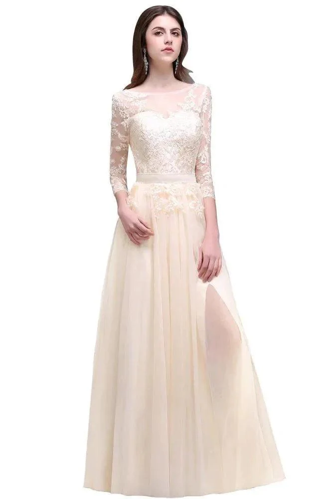 Champagne Scoop A-line Lace Appliques Prom Dress - Image 5