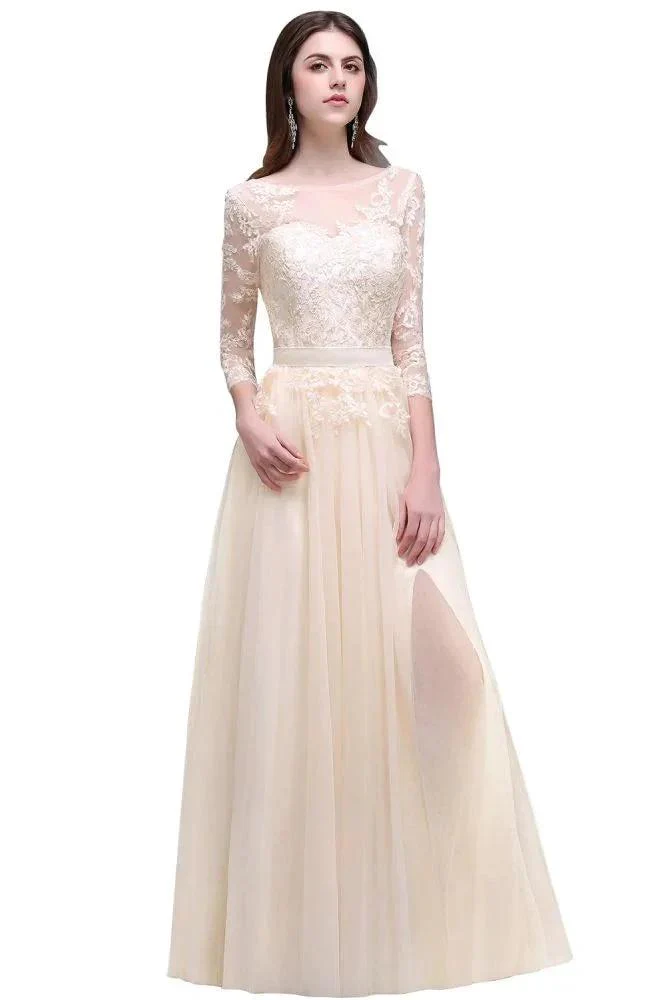 Champagne Scoop A-line Lace Appliques Prom Dress - Image 6