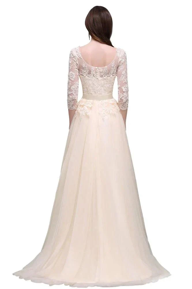 Champagne Scoop A-line Lace Appliques Prom Dress - Image 7