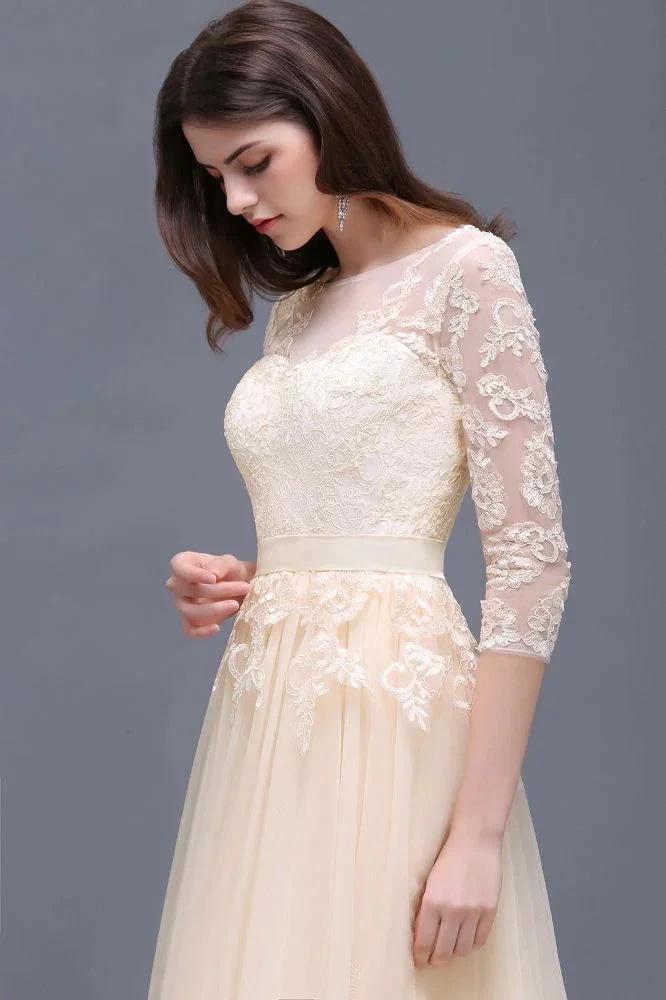 Champagne Scoop A-line Lace Appliques Prom Dress - Image 8
