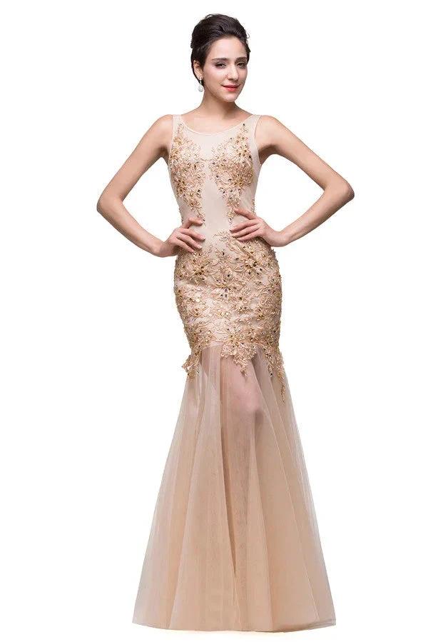 Champagne Scoop Mermaid Floor-length Appliques Prom Dresses - Image 2
