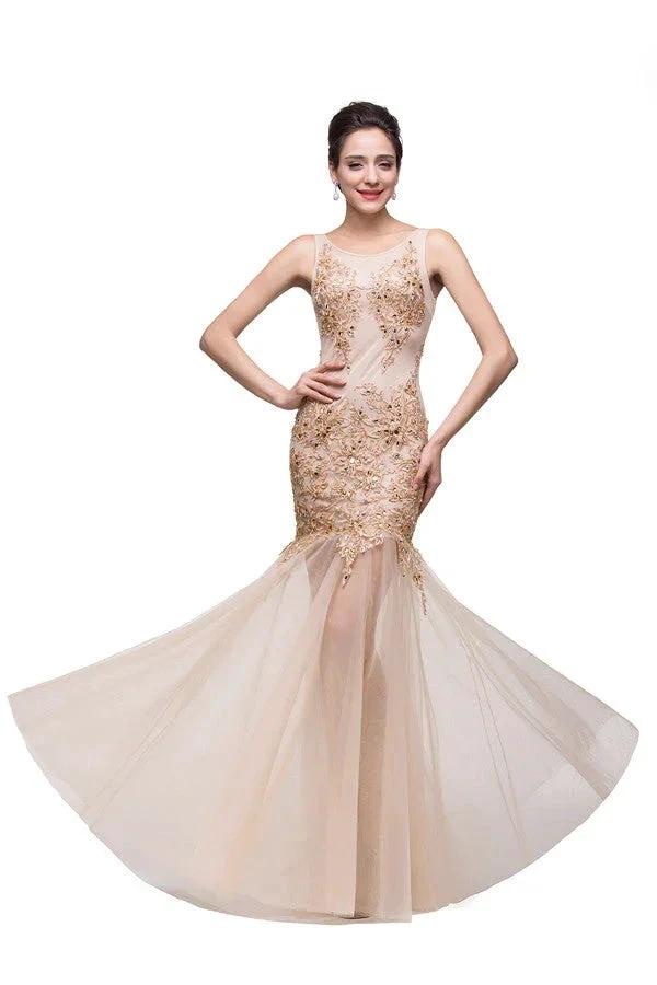 Champagne Scoop Mermaid Floor-length Appliques Prom Dresses - Image 3