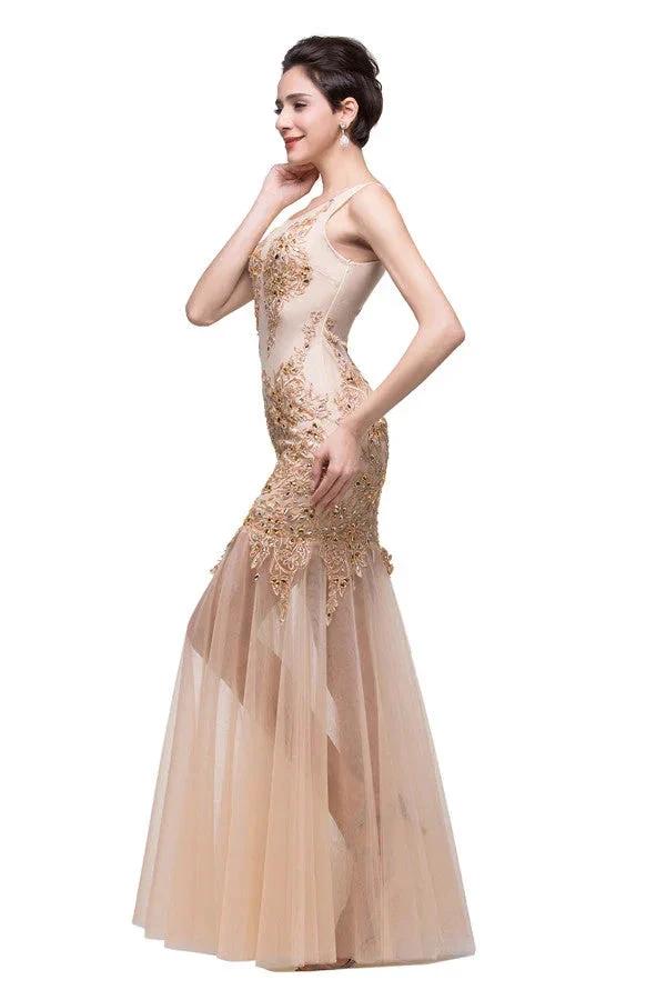 Champagne Scoop Mermaid Floor-length Appliques Prom Dresses - Image 4