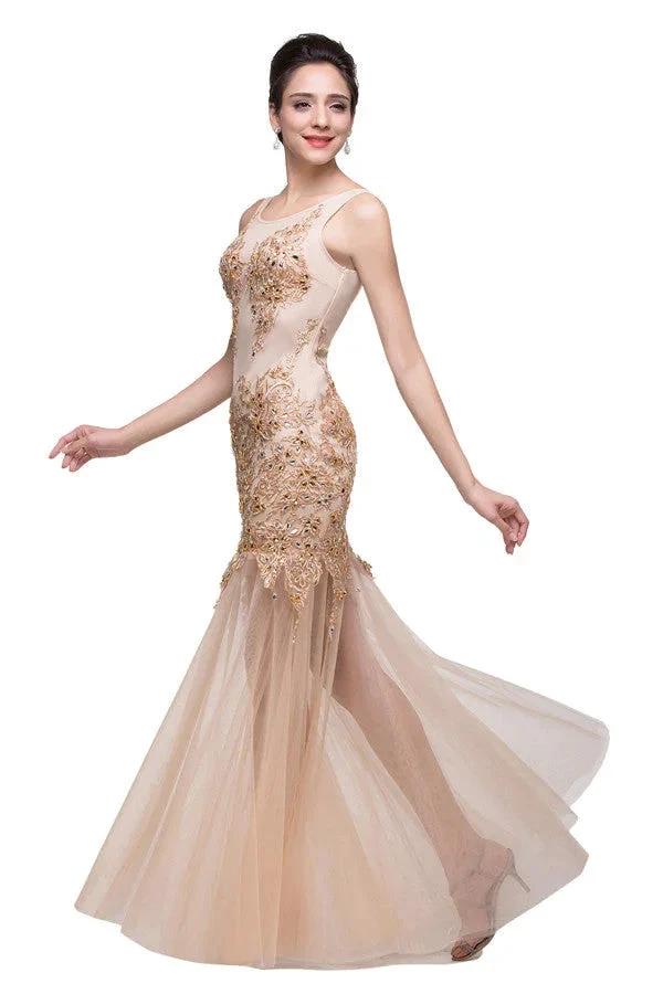 Champagne Scoop Mermaid Floor-length Appliques Prom Dresses - Image 5