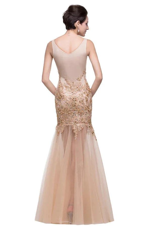 Champagne Scoop Mermaid Floor-length Appliques Prom Dresses - Image 6