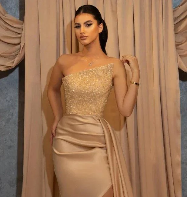 Champagne Sexy Long Sleeveless Glitter Mermaid Prom Dresses - Image 2