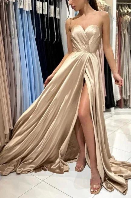 Champagne Simple Long Satin Sleeveless Evening Dresses With Slit - Image 3