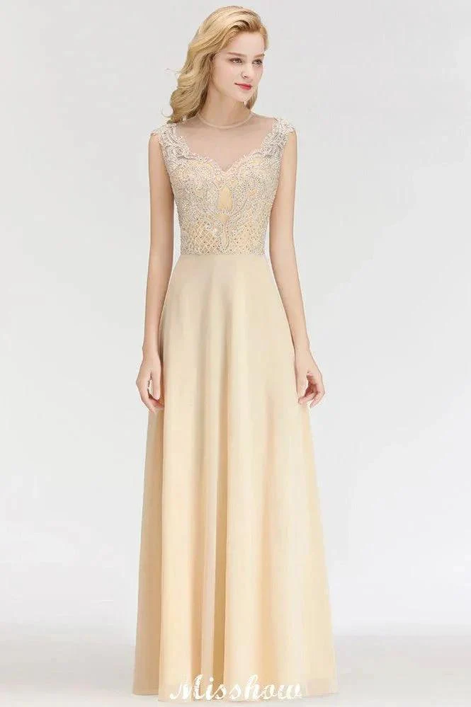 Champagne Sleeveless A-Line Crystal Jewel Bridesmaid Dresses Floor Length Party Dress - Image 3