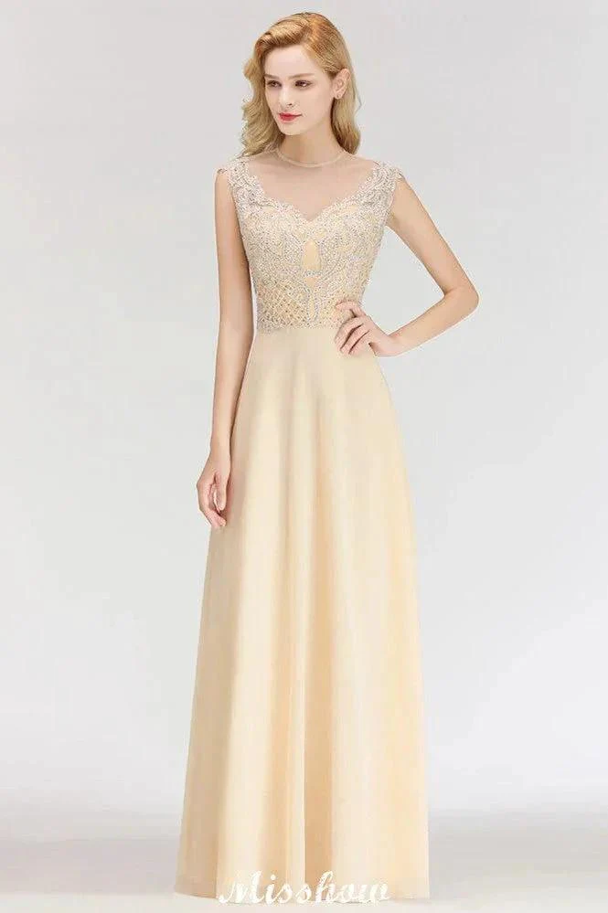 Champagne Sleeveless A-Line Crystal Jewel Bridesmaid Dresses Floor Length Party Dress - Image 4