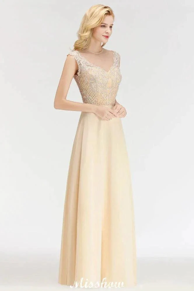 Champagne Sleeveless A-Line Crystal Jewel Bridesmaid Dresses Floor Length Party Dress - Image 5