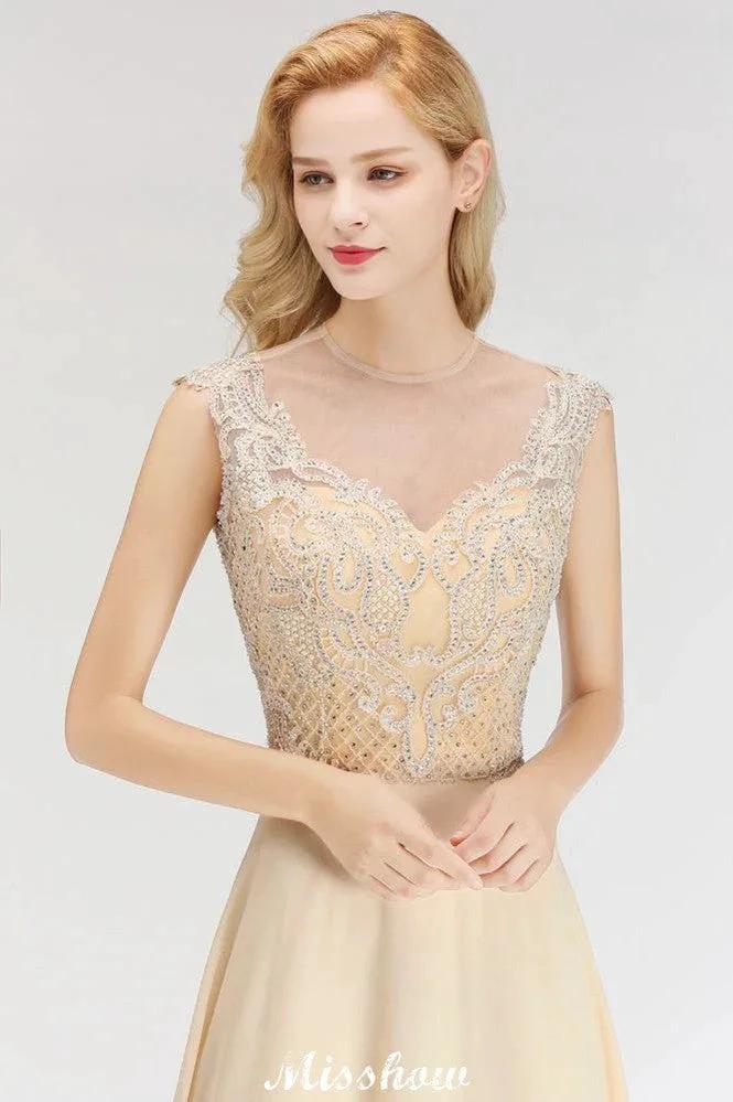 Champagne Sleeveless A-Line Crystal Jewel Bridesmaid Dresses Floor Length Party Dress - Image 6