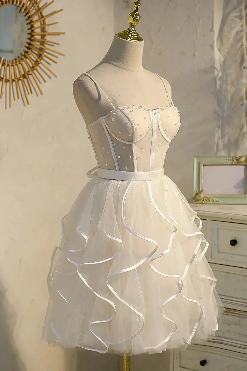 Champagne Spaghetti Straps Beading Tulle Princess Homecoming Dresses - Image 4