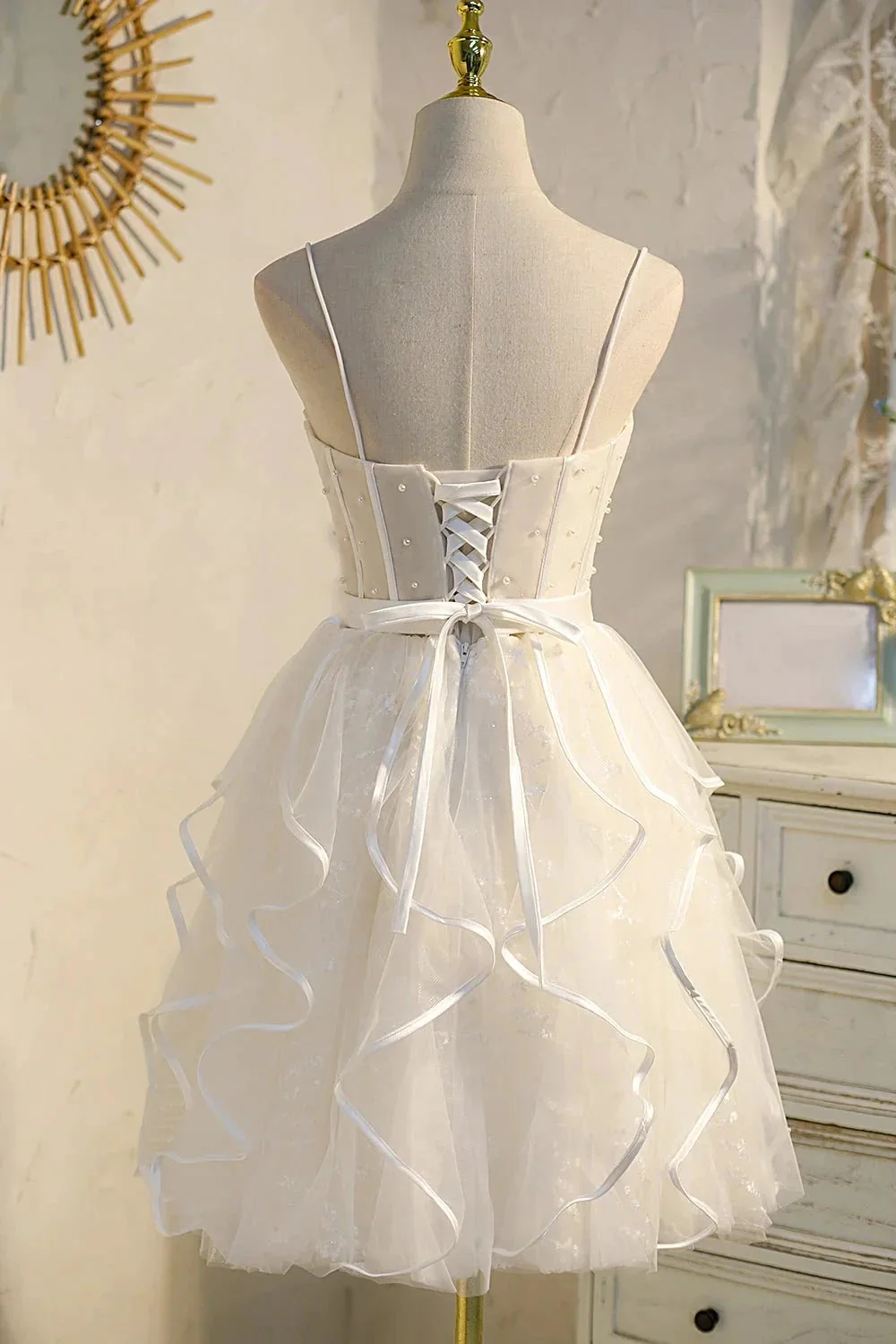 Champagne Spaghetti Straps Beading Tulle Princess Homecoming Dresses - Image 5