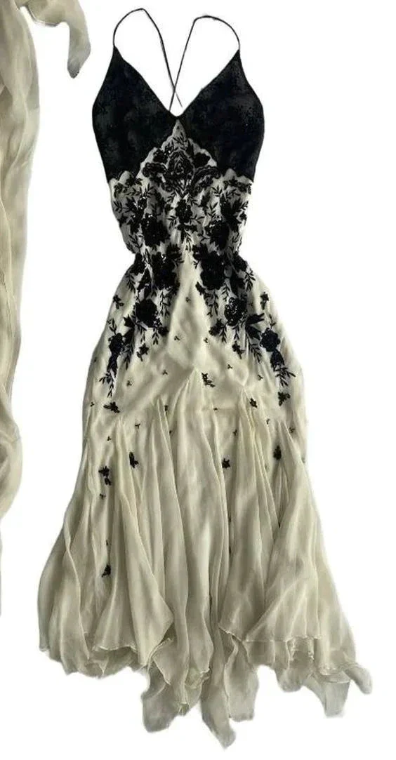 Champagne Spaghetti Straps Chiffon Black Lace Prom Dress Long Evening Dress Y7480 - Image 2