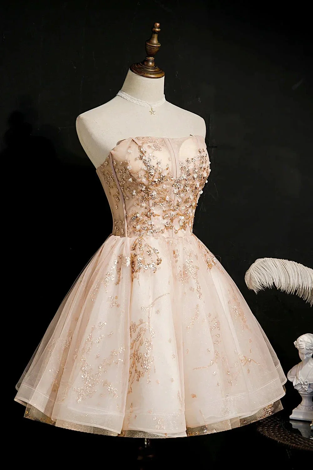 Champagne Strapless Sequins Tulle Short Homecoming Dresses - Image 3