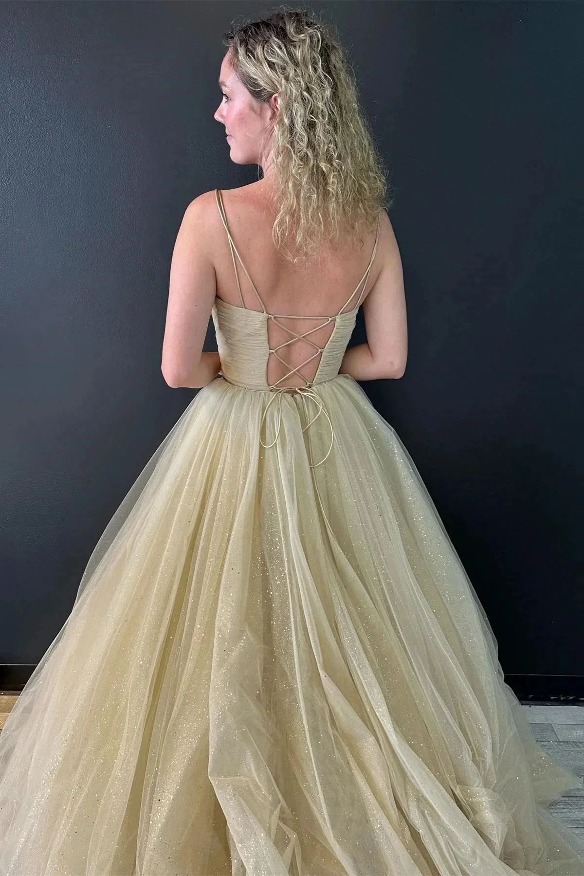 Nia |A line V Neck Glitter Tulle Prom Dress with Lace up Back - Image 2