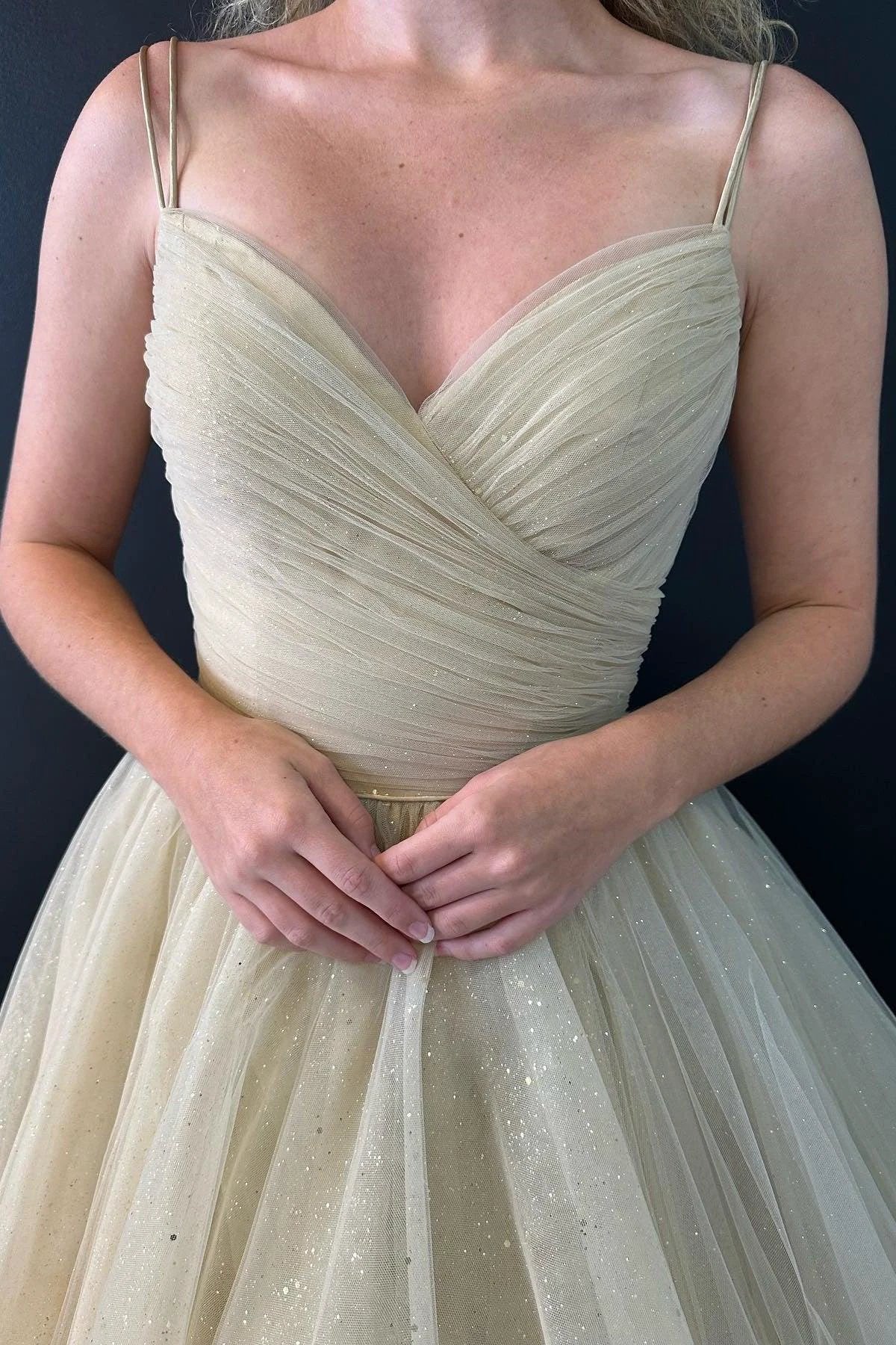 Nia |A line V Neck Glitter Tulle Prom Dress with Lace up Back - Image 3