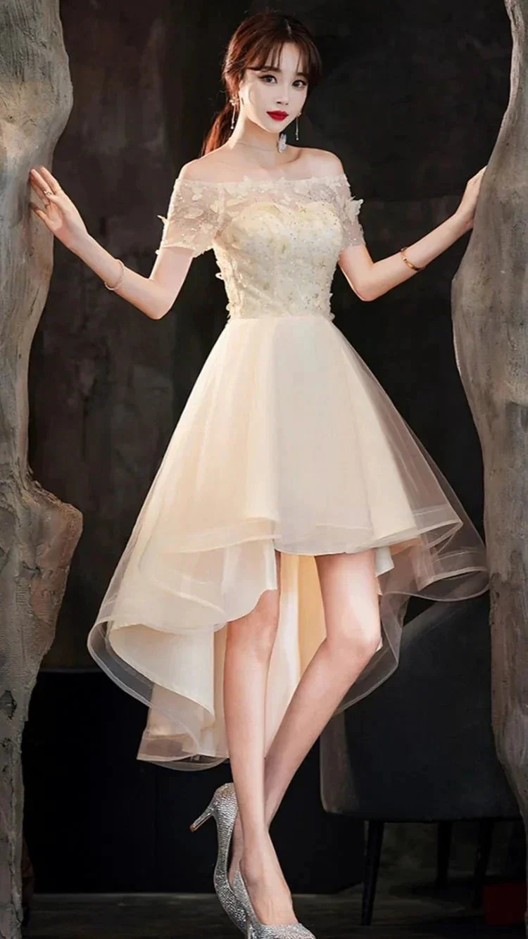 Champagne tulle high low prom dress champagne evening dress Y983 - Image 2