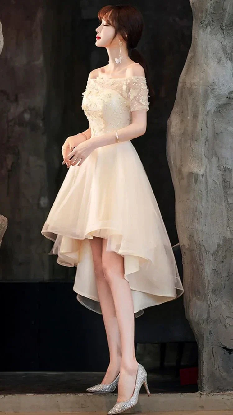 Champagne tulle high low prom dress champagne evening dress Y983 - Image 3