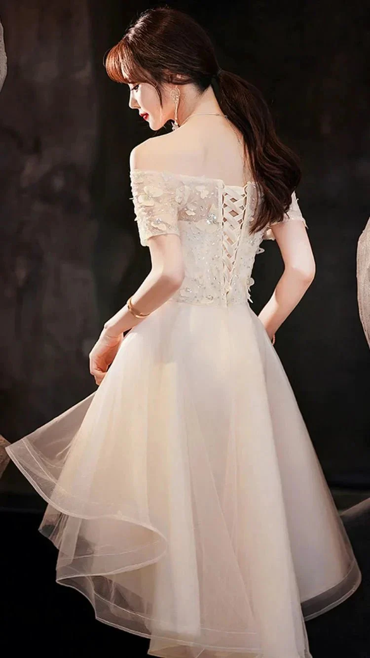 Champagne tulle high low prom dress champagne evening dress Y983 - Image 4