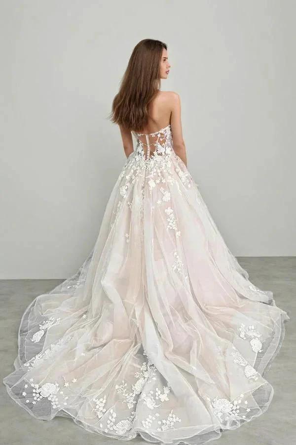 Champagne Tulle Lace Elegant Wedding Dresses Strapless Bridal Gowns WD712 - Image 2
