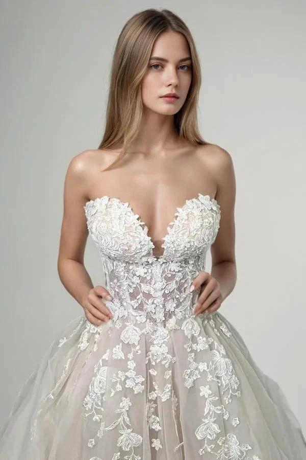 Champagne Tulle Lace Elegant Wedding Dresses Strapless Bridal Gowns WD712 - Image 3