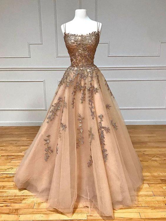 Champagne tulle lace long prom dress champagne evening dress Y920 - Image 2