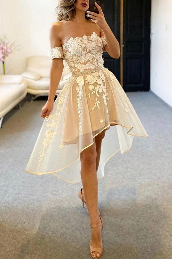 Champagne Tulle Off The Shoulder High Low Homecoming Dresses PD458 - Image 2