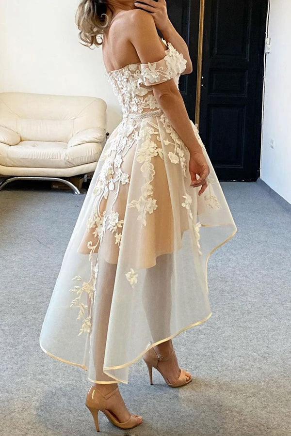 Champagne Tulle Off The Shoulder High Low Homecoming Dresses PD458 - Image 3