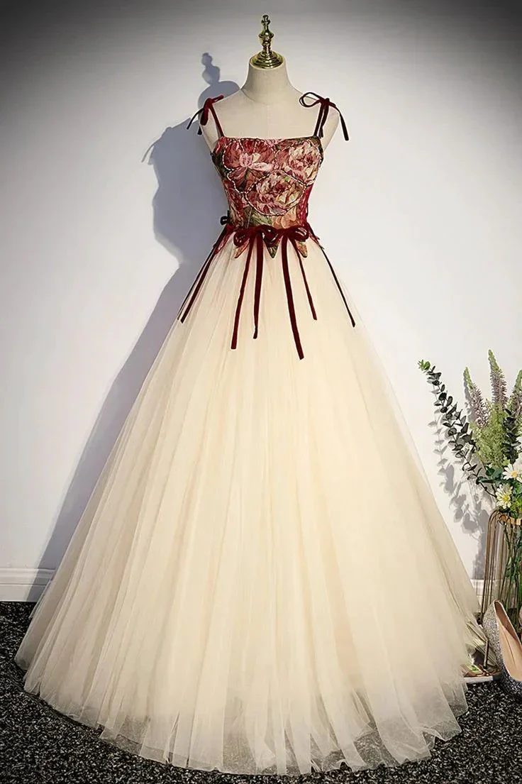Champagne Tulle Spaghetti Strap Long Prom Dress  A Line Party Ball Gown Y7952 - Image 5