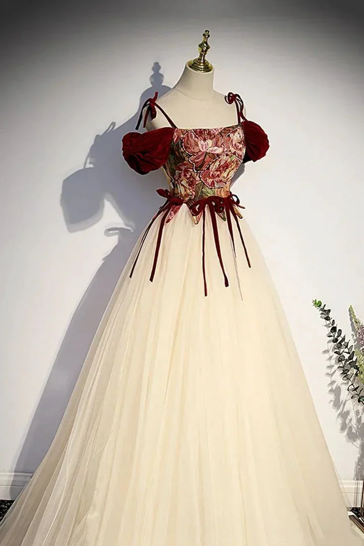 Champagne Tulle Spaghetti Strap Long Prom Dress  A Line Party Ball Gown Y7952 - Image 6