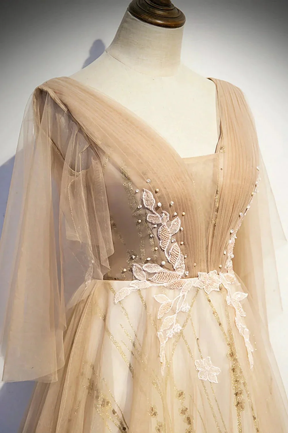 Champagne v neck lace long prom dress A line evening dress s77 - Image 2