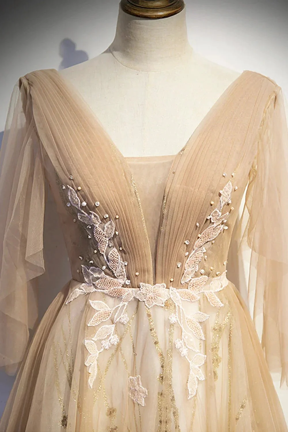 Champagne v neck lace long prom dress A line evening dress s77 - Image 3