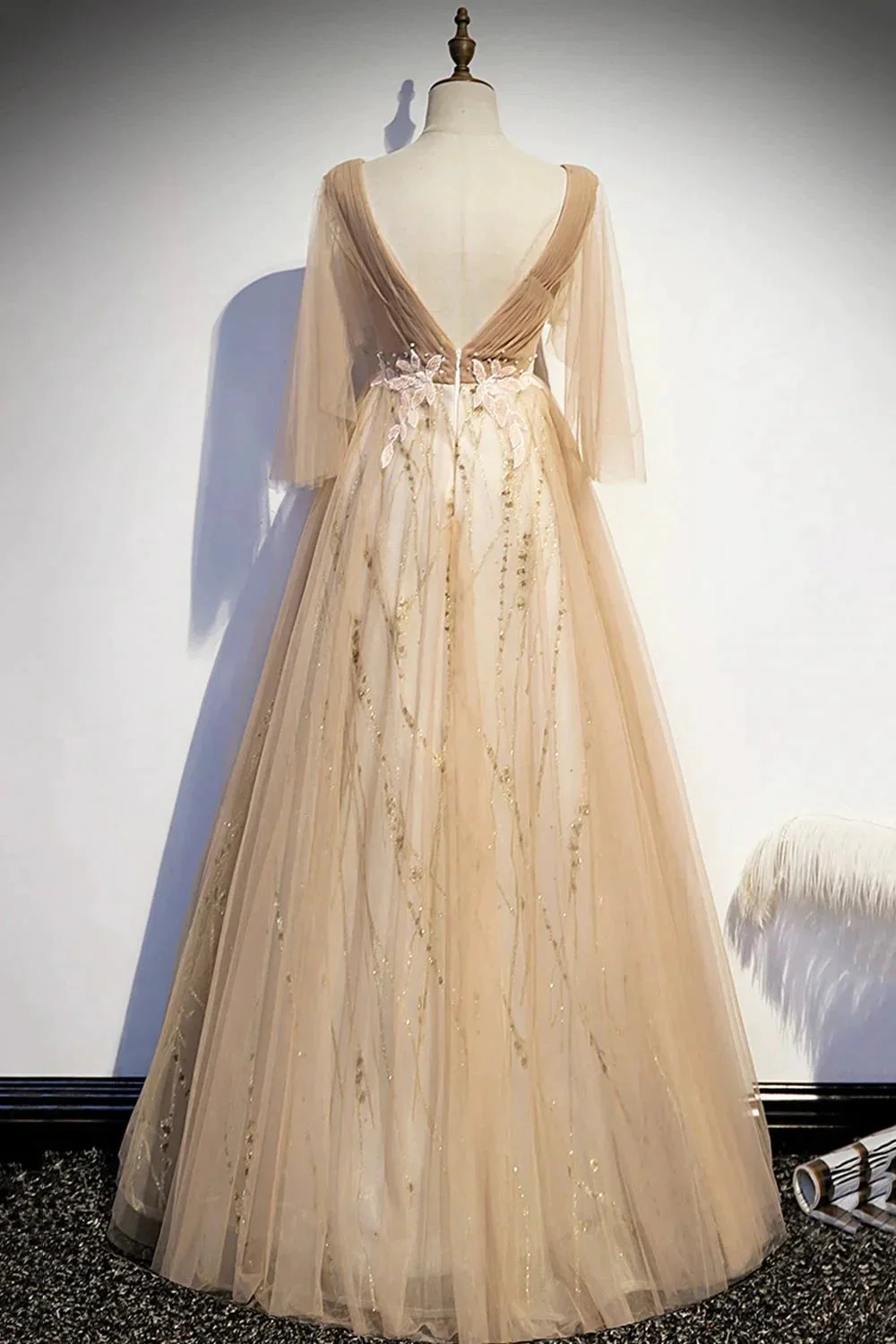 Champagne v neck lace long prom dress A line evening dress s77 - Image 4
