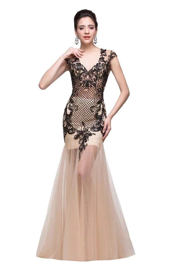 Champagne V-Neck Mermaid Floor-length Prom Dresses - Image 2