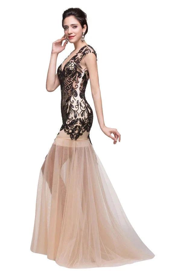 Champagne V-Neck Mermaid Floor-length Prom Dresses - Image 3