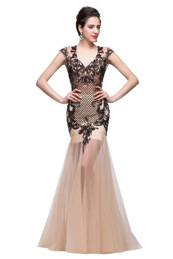 Champagne V-Neck Mermaid Floor-length Prom Dresses - Image 4