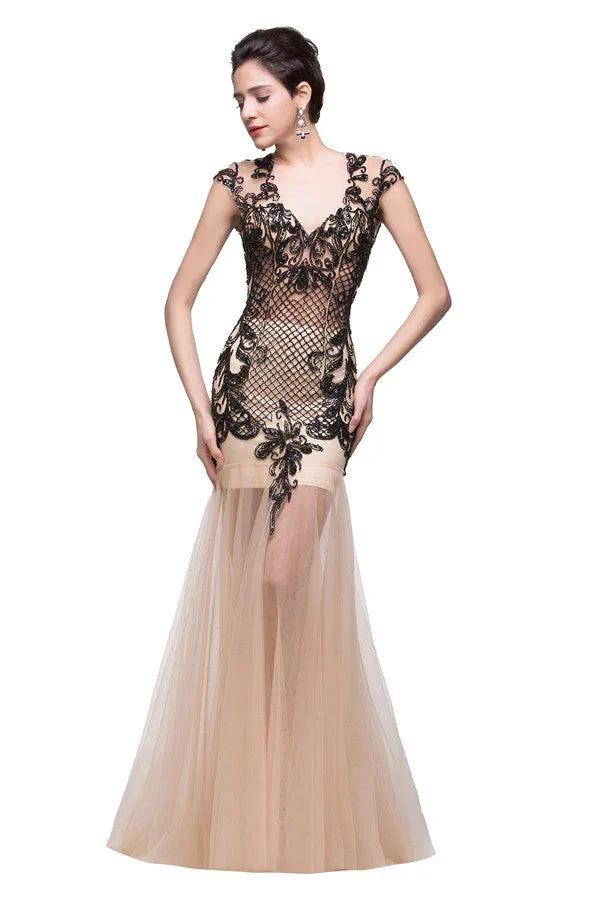 Champagne V-Neck Mermaid Floor-length Prom Dresses - Image 5
